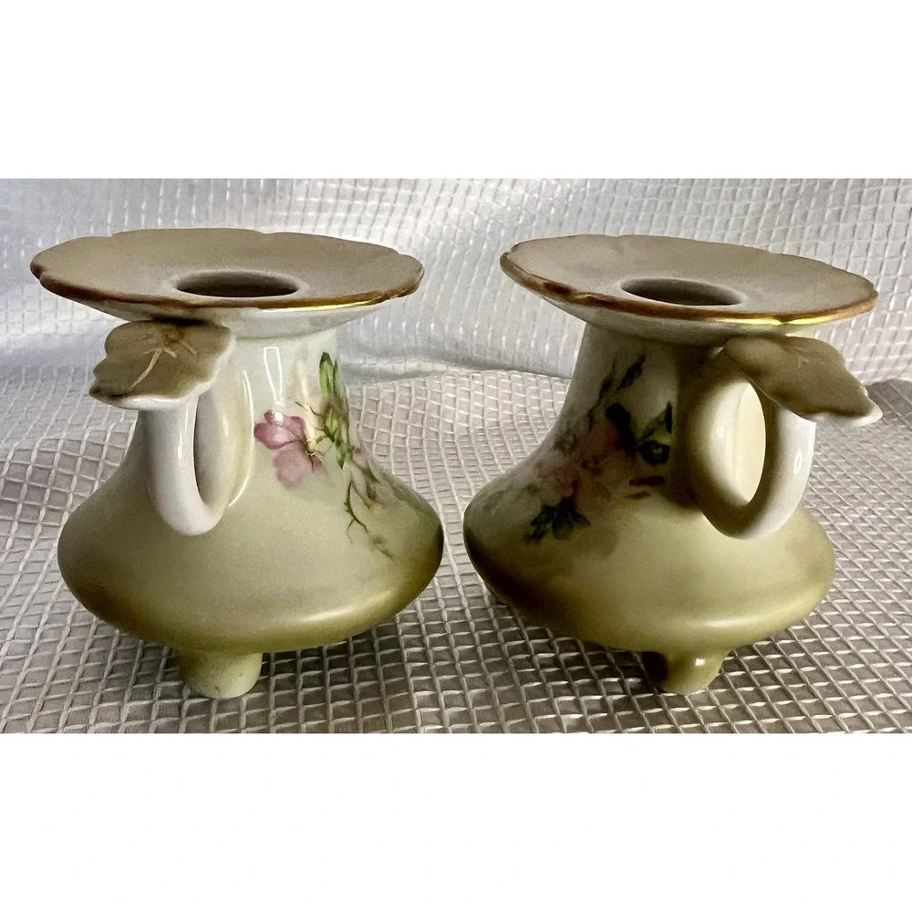 Vtg Nippon Hand Painted Porcelain Floral Candlesticks Pair Light Green Pink Gold